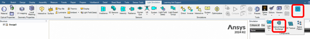 Exploring the Optical Design Exchange Workflow Between Ansys Zemax OpticStudio and Ansys Speos 4 Optical Design Exchange menu options in Ansys SPEOS