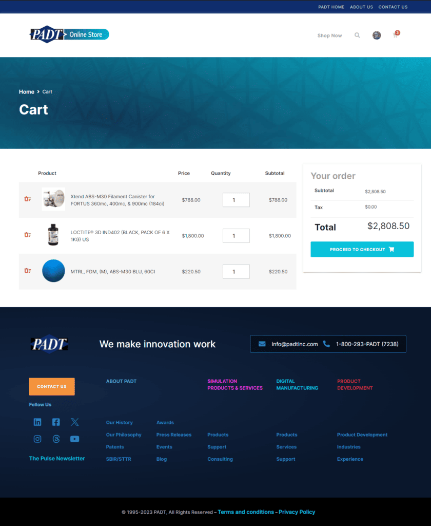 Press Release: PADT Launches New Online Store for Stratasys 3D Printing Material 1 PADT Online Store Home cart 1